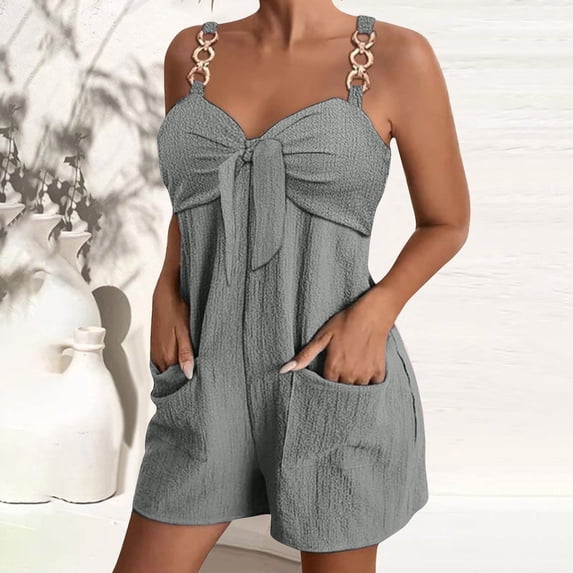 RQYYD Overalls for Women Short 2024 Solid Color V Neck Sleeveless Rompers with Pockets Loose Casual Adjustable Summer Jumpsuit