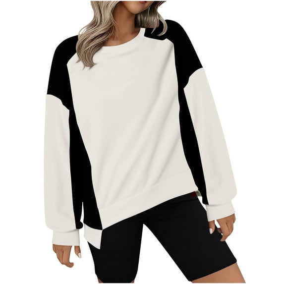 RQYYD Oversized Sweatshirt for Women Color Block Crewneck Long Sleeve Casual High Low Pullover Sweatshirts Tops Irregular Hem Outfits for Women