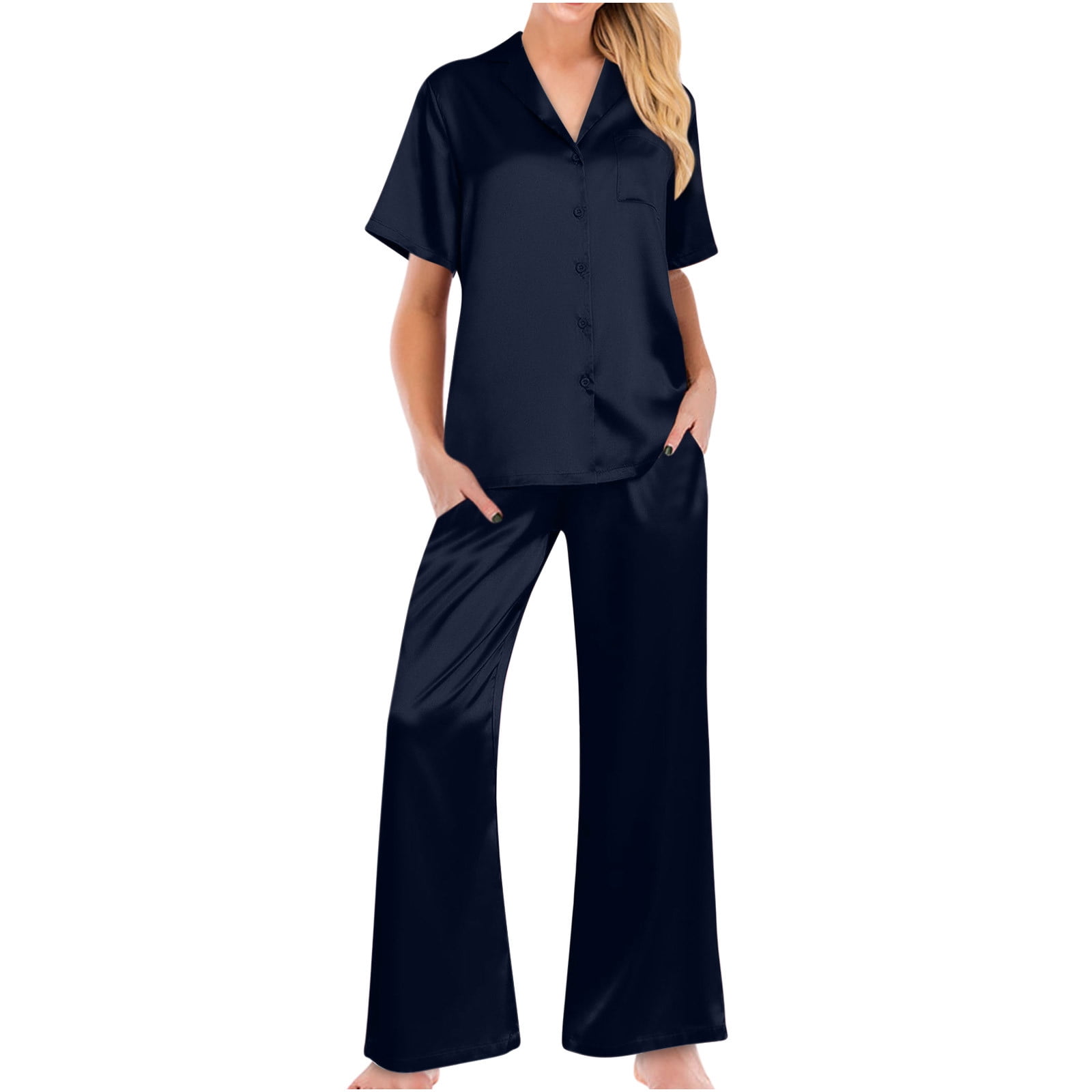 RQYYD Pajamas Womens Silk Short Sleeve Button Down Top Wide Leg Long ...