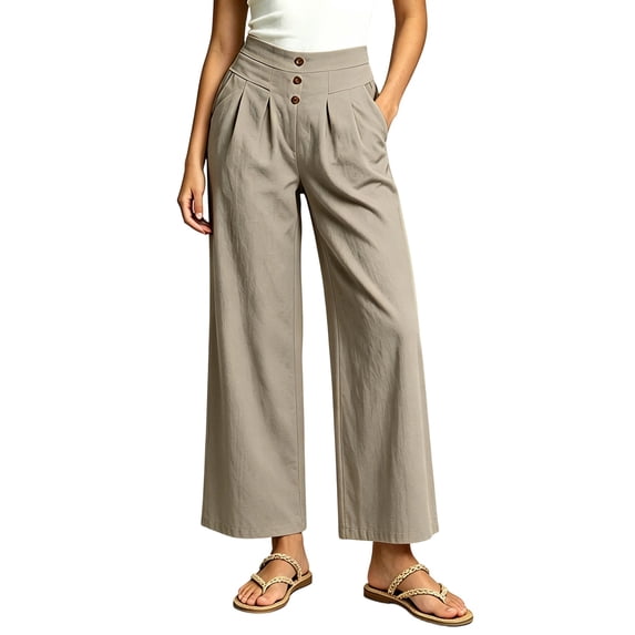 RQYYD Palazzo Pants for Women High Waist Pleated Front Button Detail Loose Wide Leg Casual Summer Pant with Pockets