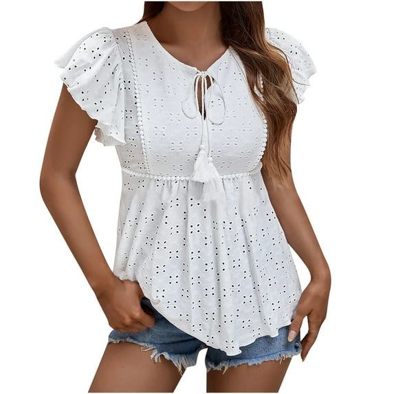 RQYYD Peplum Tops for Women's Summer Eyelet Embroidered Tie Neck Blouse Casual Ruffle Short Sleeve Babydoll Shirts Tops(White,M)