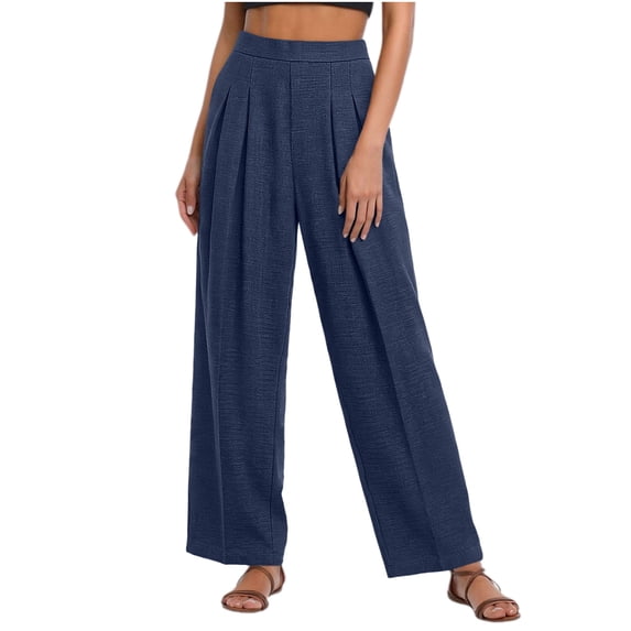 RQYYD Pleated Wide Leg Pants for Women Elastic Waist Palazzo Loose Textured Woven Holiday Casual Bottoms with Pockets