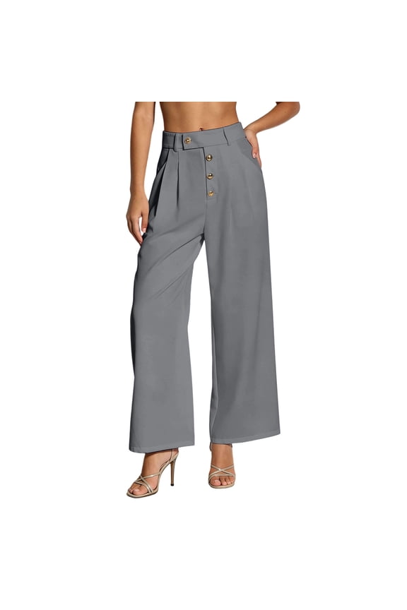 Pleated Wide Leg Pants for Women High Waist Vertical Button Palazzo Casual Holiday Vacation Trousers with Pockets