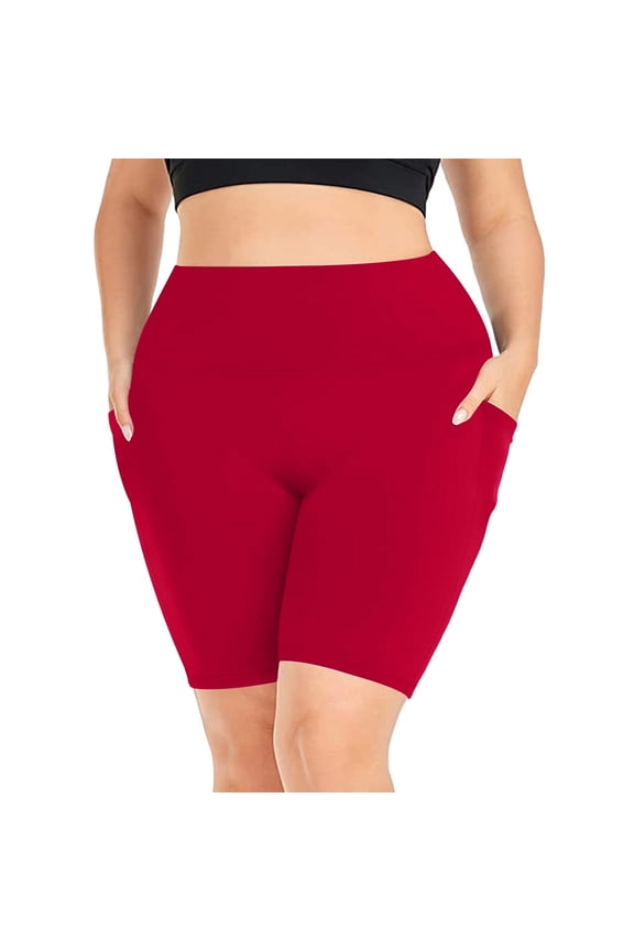 Plus Size 8" Biker Shorts with Pockets - High Waisted Spandex Yoga Shorts for Women, Workout Gym Cycling Athletic Red XXL