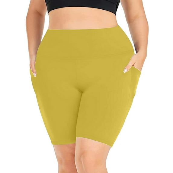 RQYYD Plus Size 8" Biker Shorts with Pockets - High Waisted Spandex Yoga Shorts for Women, Workout Gym Cycling Athletic Yellow XXL