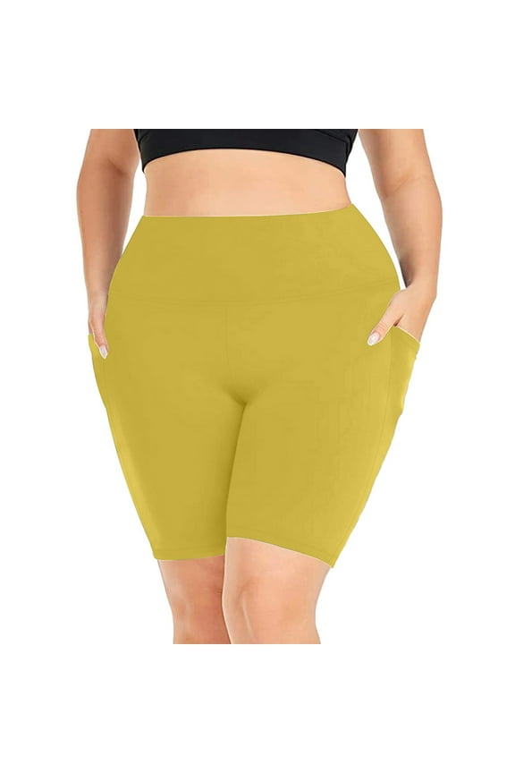 Plus Size 8" Biker Shorts with Pockets - High Waisted Spandex Yoga Shorts for Women, Workout Gym Cycling Athletic Yellow XXL