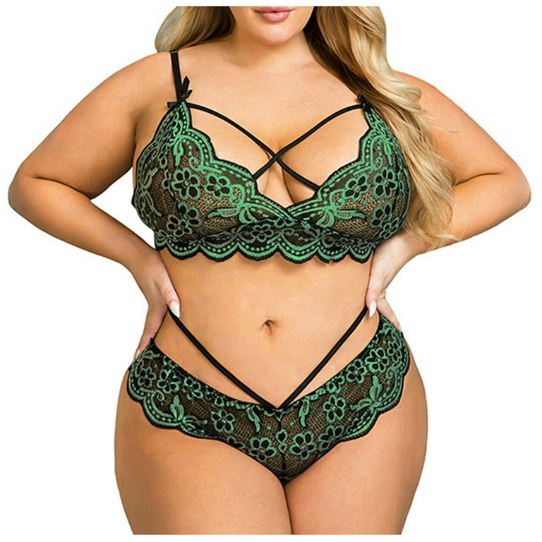 Plus Size Lingerie Set for Women， Sexy Cross Strappy Lace Up Bra