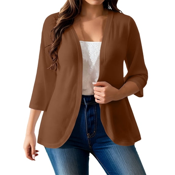 RQYYD Plus Size Open Front Cardigans For Women 3/4 Sleeve Casual Lightweight Loose Fit Layering Outerwear