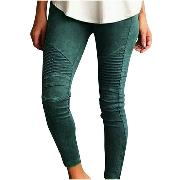 RQYYD Plus Size Skinny Pants for Women's Summer Elastic High Waist Stretch Slim Pencil Trousers Casual Solid Color Pleated Stripe Long Pants(Green,M)