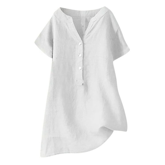 RQYYD Plus Size Tops for Women 3/4 Roll Sleeve Cotton And Linen Tunic Shirts Casual V Neck Button Shirt Solid Color Loose Blouses