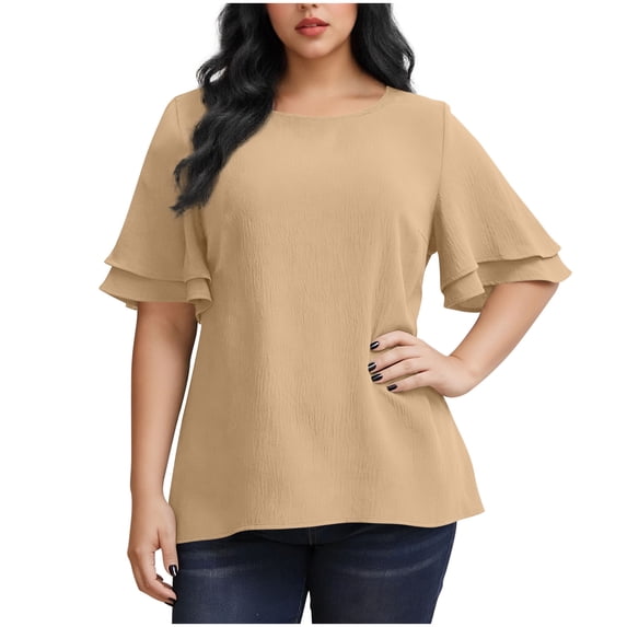 RQYYD Plus Size Tops for Women Double Layer Ruffle Sleeve Blouses Crew Neck Casual Flowy Tunic Tops