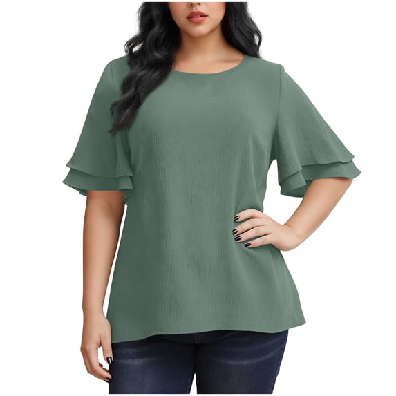 RQYYD Plus Size Tops for Women Double Layer Ruffle Sleeve Blouses Crew Neck Casual Flowy Tunic Tops