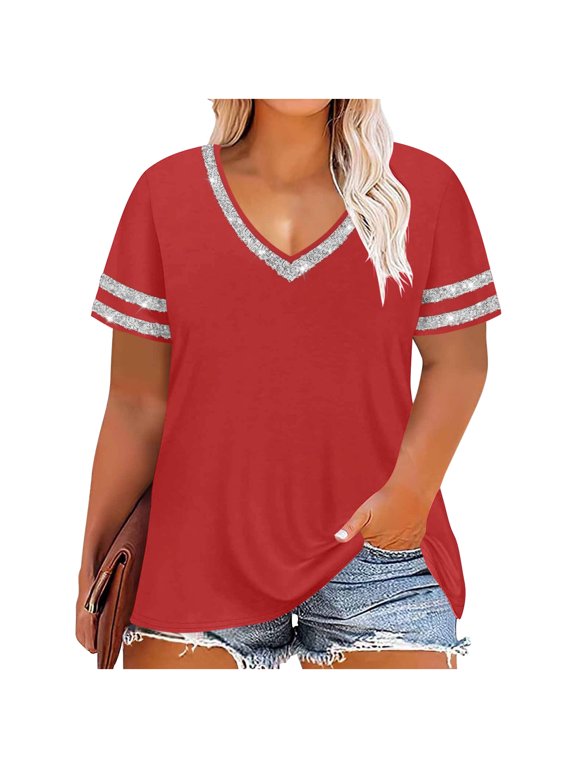 Plus Size Tops for Women Glitter V Neck Short Sleeve T Shirts Casual Loose Fit Tunic Blouses