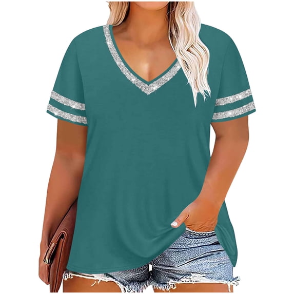 RQYYD Plus Size Tops for Women Glitter V Neck Short Sleeve T Shirts Casual Loose Fit Tunic Blouses
