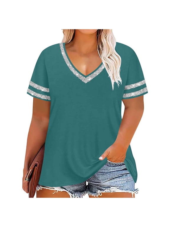 Plus Size Tops for Women Glitter V Neck Short Sleeve T Shirts Casual Loose Fit Tunic Blouses