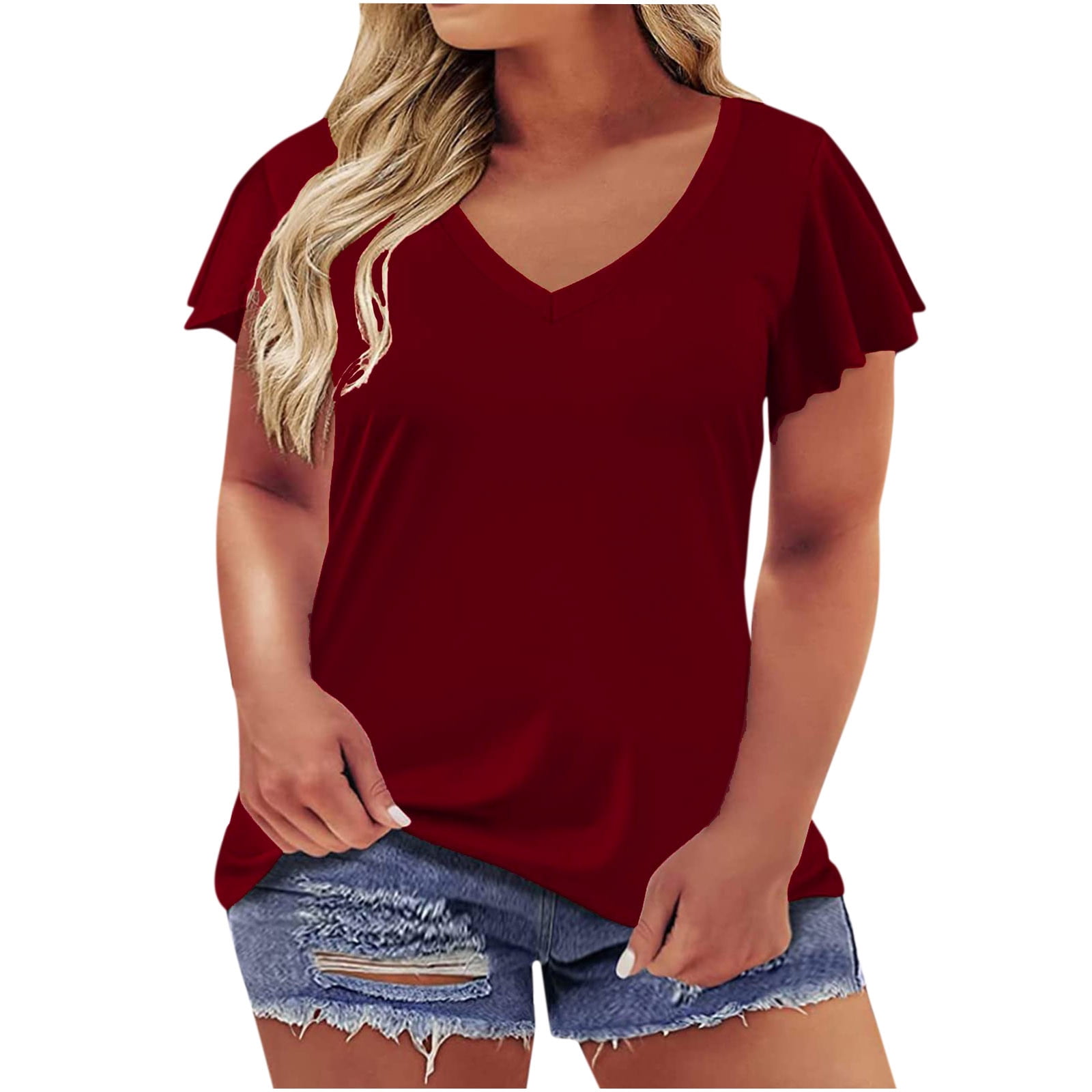 Women's Short Sleeve T-Shirt Solid Color V Neck Long Casual Tops - for  Travelling & Daily Use (Color : Red, Size : XX-Large)