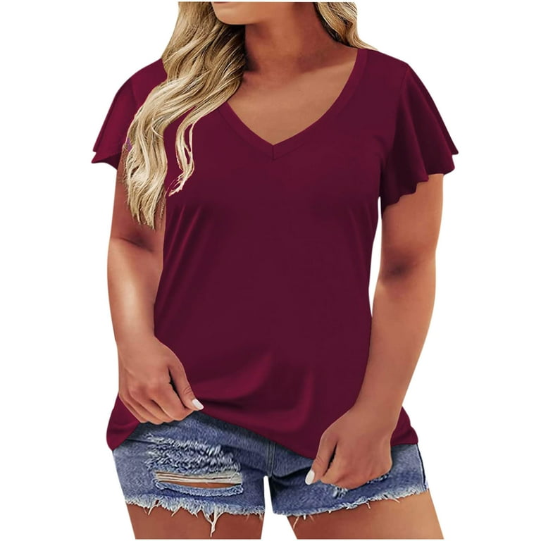 RQYYD Plus Size Tops for Women V Neck Summer Ruffle Short Sleeve T 