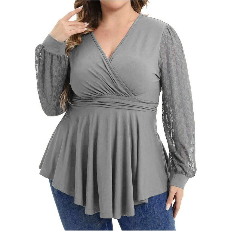 RQYYD Plus Size Tunic Tops for Women Lace Long Sleeve Wrap V Neck Dressy  Shirts Casual Solid Pleated Asymmetric Tshirt Blouse(Gray,4XL)