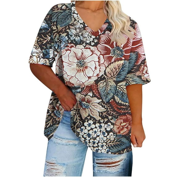RQYYD Plus Size Womens Summer Oversized Workout T Shirts Loose Fit Short Sleeve V Neck Fashion Print Tops 2024 Trendy Tee