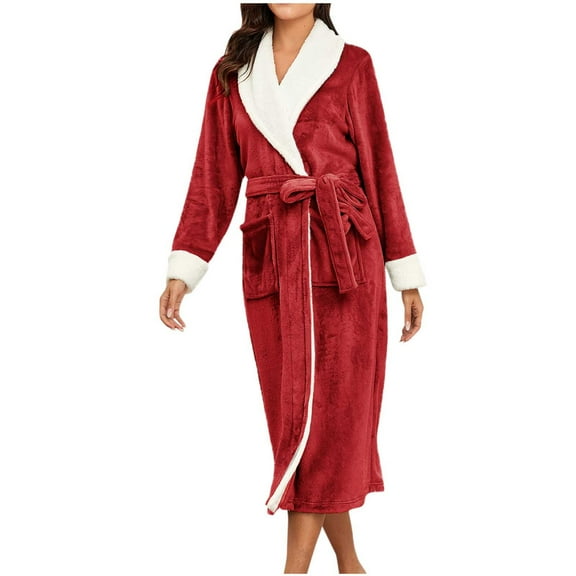 RQYYD Plush Fleece Bathrobe for Women, Long Robe with Two Side Pockets and Belt, Warm and Cozy Fluffy Sleepwear Nightgown