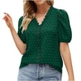 thumbnail image 1 of RQYYD Puff Short Sleeve Chiffon Tops for Womens Summer Crochet Lace Trim V Neck Shirt Blouse Casual Solid Swiss Dot Tee Shirt(Army Green,XL), 1 of 7