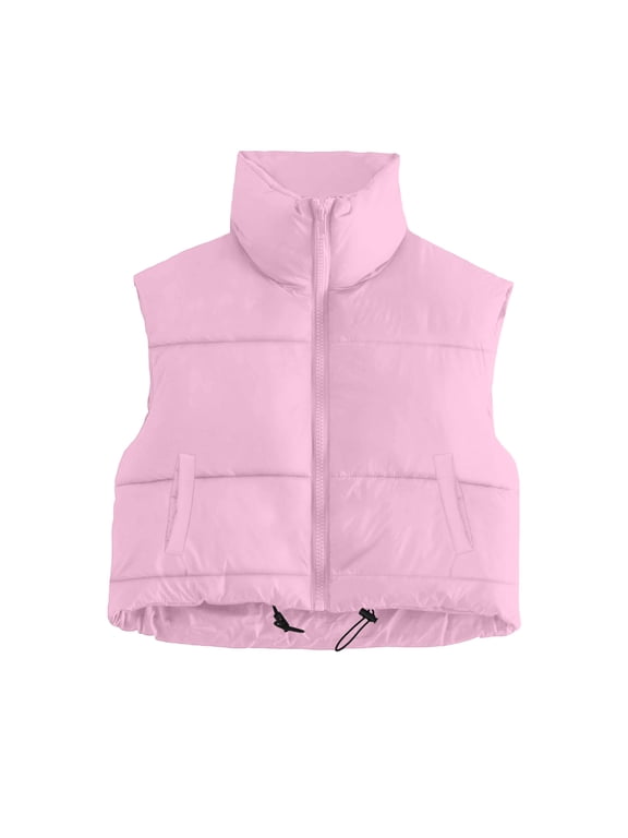 Puffer Vest Women Cropped Fall Winter Outerwear Puffy Quilted Top Jacket Coat Gilet Sleeveless Full Zip Up