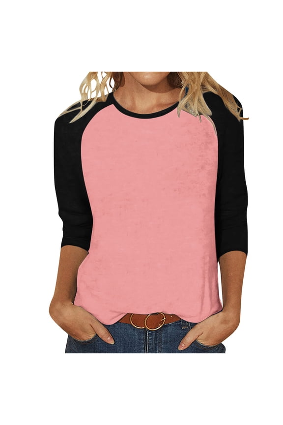 Quarter Length Sleeve Tops for Women 3/4 Length Sleeve Crew-Neck T Shirts Color Block Casual Cotton Womens Tops