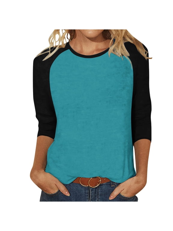 Quarter Length Sleeve Tops for Women 3/4 Length Sleeve Crew-Neck T Shirts Color Block Casual Cotton Womens Tops