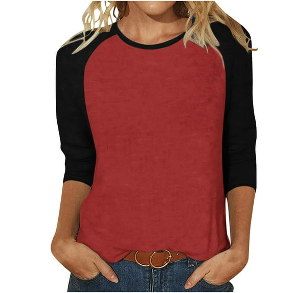 RQYYD Quarter Length Sleeve Tops for Women 3/4 Length Sleeve Crew-Neck T Shirts Color Block Casual Cotton Womens Tops