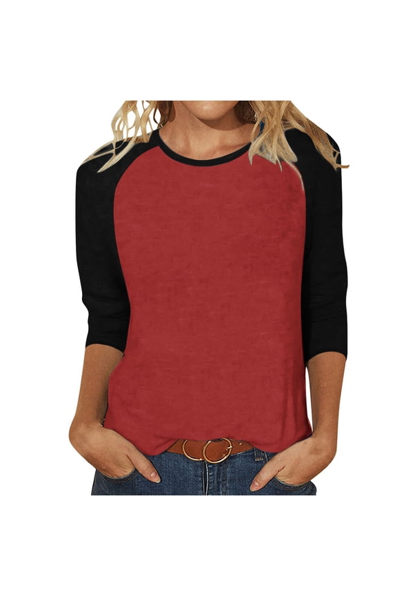 Quarter Length Sleeve Tops for Women 3/4 Length Sleeve Crew-Neck T Shirts Color Block Casual Cotton Womens Tops