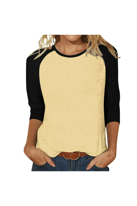 Quarter Length Sleeve Tops for Women 3/4 Length Sleeve Crew-Neck T Shirts Color Block Casual Cotton Womens Tops