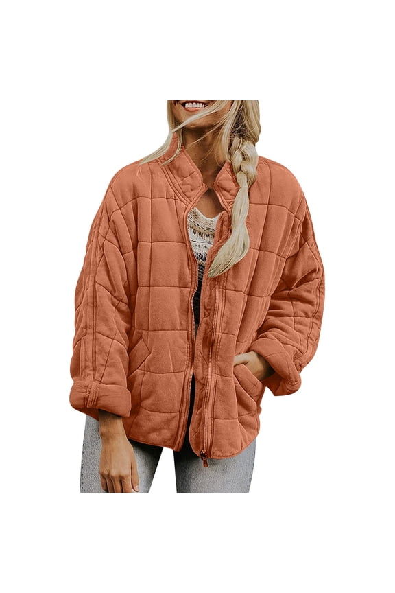Quilted Jacket for Women Lightweight Coat Full Zip Stand Collar Oversized Dolman Quilted Jackets Loose Warm Winter Outwears