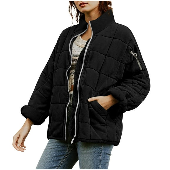 RQYYD Quilted Jacket for Women Lightweight Coat Full Zip Stand Collar Oversized Dolman Quilted Jackets Loose Warm Winter Outwears