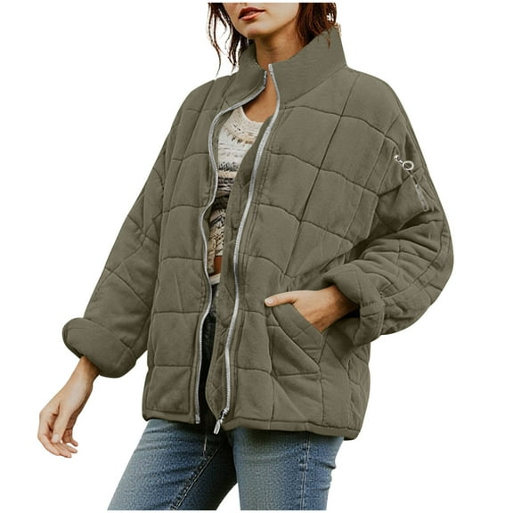 RQYYD Quilted Jacket for Women Lightweight Coat Full Zip Stand Collar Oversized Dolman Quilted Jackets Loose Warm Winter Outwears