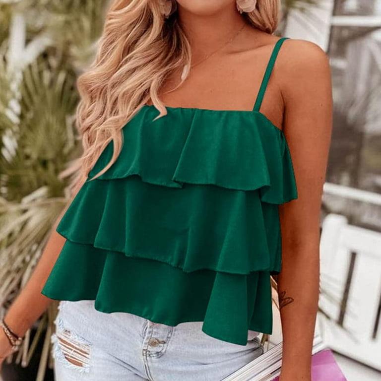 RQYYD Reduced 2023 Women's Summer Spaghetti Strap Cami Tank Tops Layered  Ruffle Tie Shoulder Flowy Camisole Casual Sleeveless Shirts(Green,L)