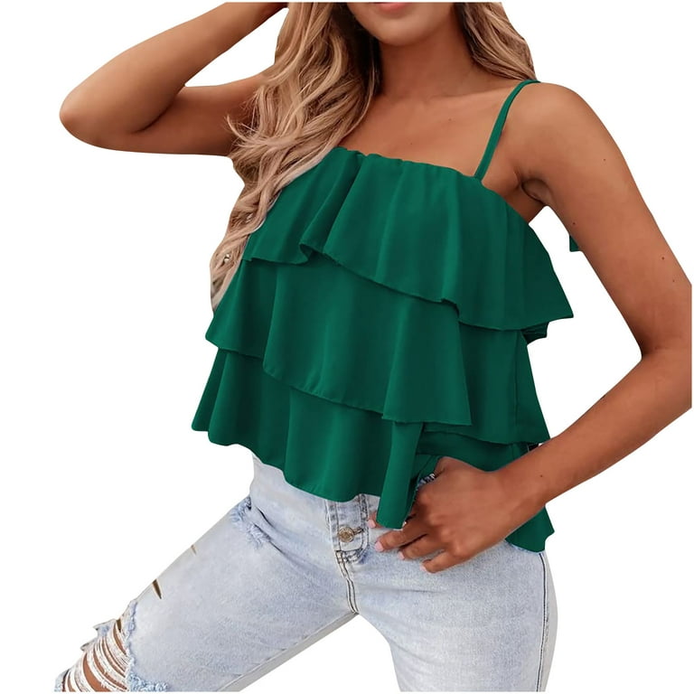 RQYYD Reduced 2023 Women's Summer Spaghetti Strap Cami Tank Tops Layered  Ruffle Tie Shoulder Flowy Camisole Casual Sleeveless Shirts(Green,S)