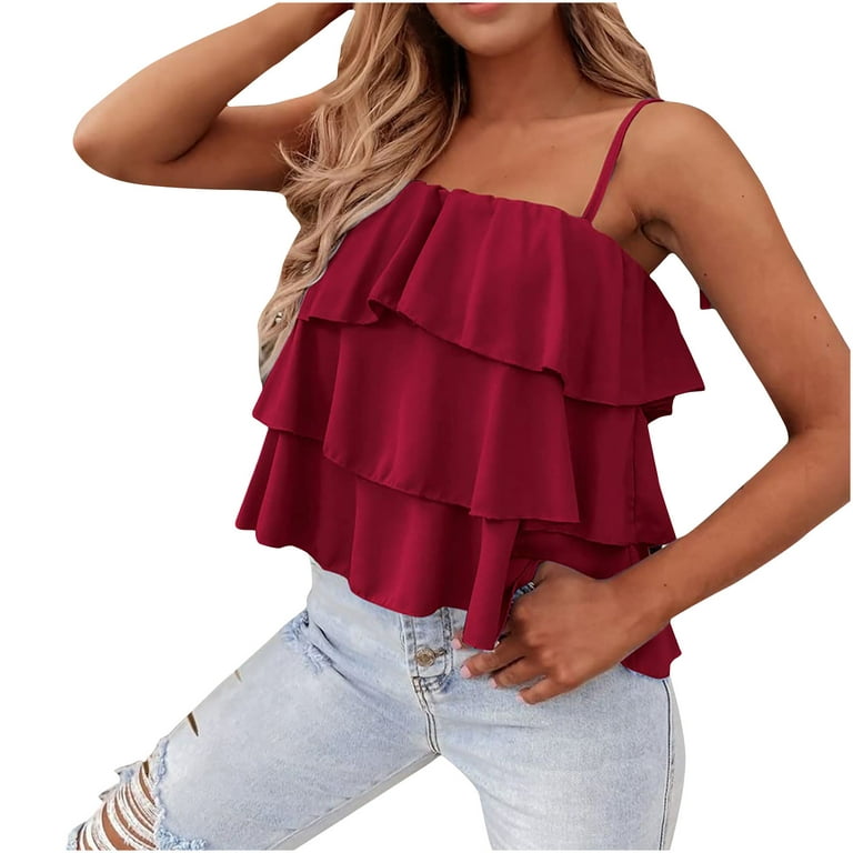 RQYYD Reduced 2023 Women's Summer Spaghetti Strap Cami Tank Tops Layered  Ruffle Tie Shoulder Flowy Camisole Casual Sleeveless Shirts(Red,M)