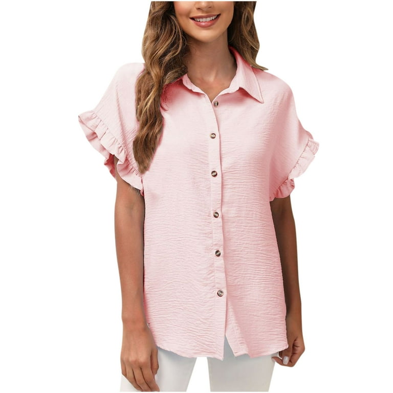 Famulily Womens Button Down Shirts Ruffle V Neck Casual Short Ruffle Sleeve  Loose Plain Work Blouses Tops : : Clothing, Shoes & Accessories