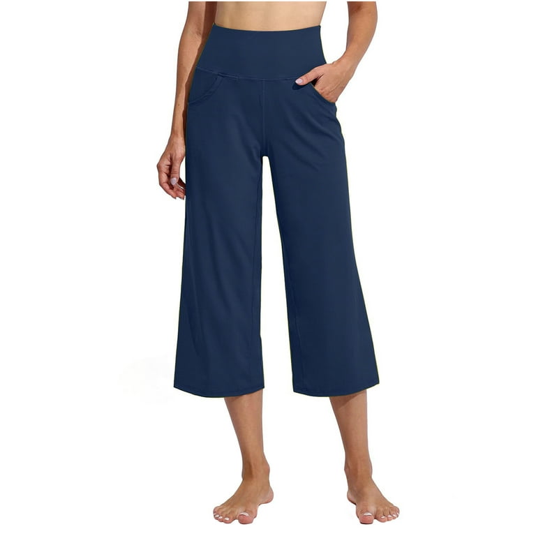 RQYYD Reduced Capri Pants for Women Wide Leg Yoga Pants with Pockets High  Waist Casual Dress Crop Pants(Dark Blue,S) 