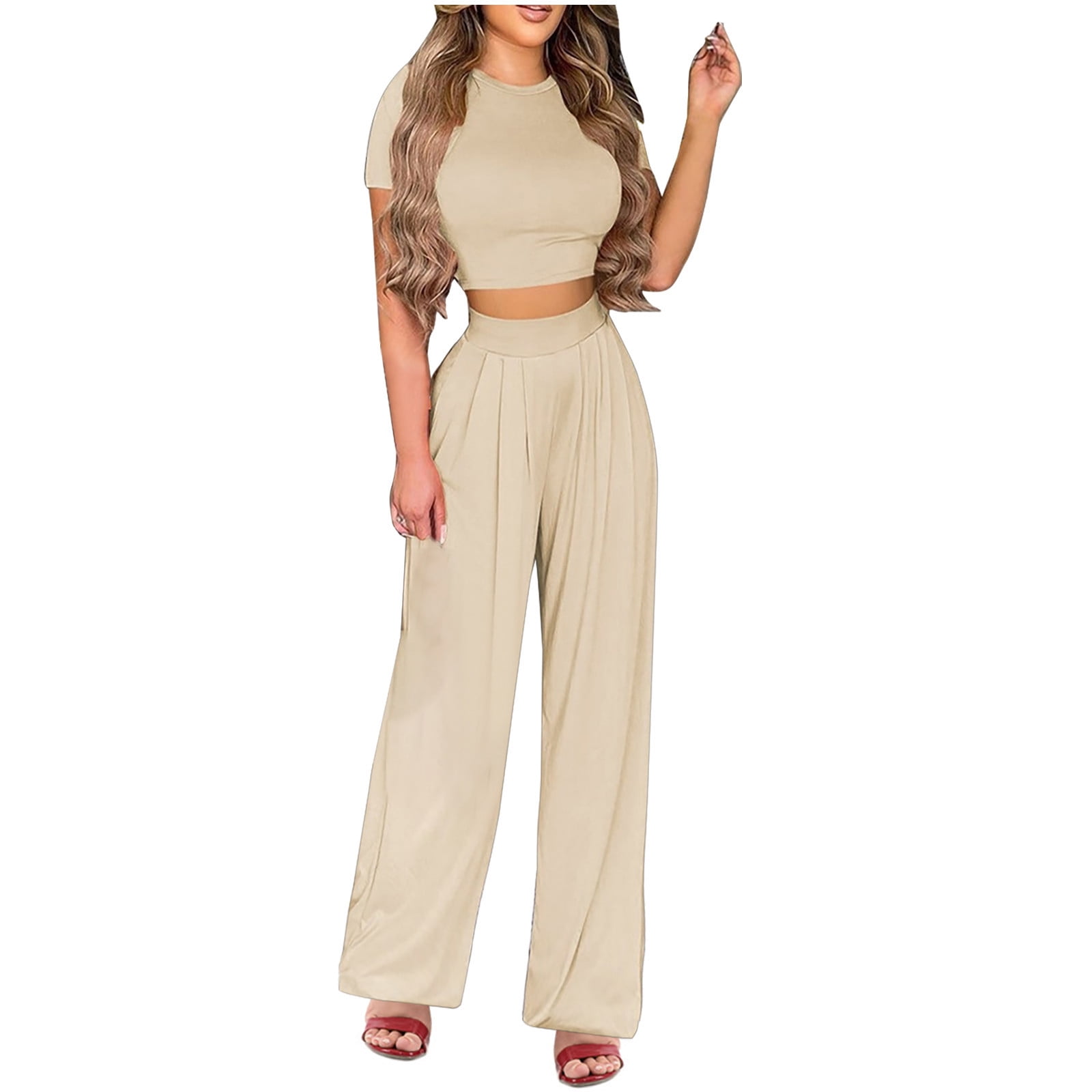 RQYYD Reduced Casual Summer 2 Piece Outfits for Women Short Sleeve Crop Top  High Waist Wide Leg Pants Sets Floral Pleated Plus Size Lounge Set Khaki XL  