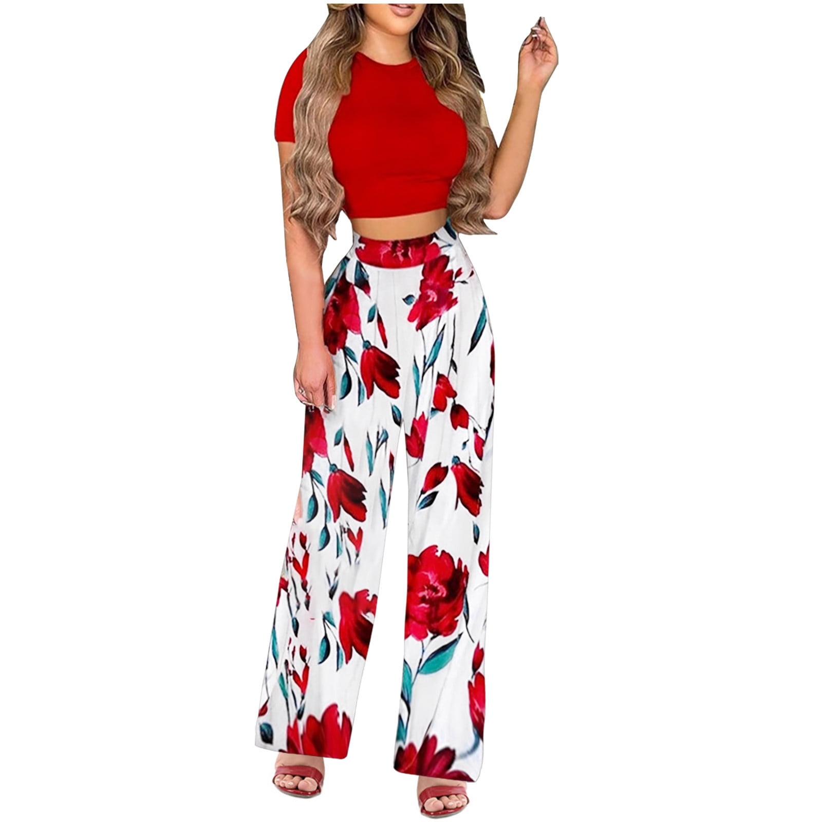 RQYYD Reduced Casual Summer 2 Piece Outfits for Women Short Sleeve Crop Top  High Waist Wide Leg Pants Sets Floral Pleated Plus Size Lounge Set Red S 