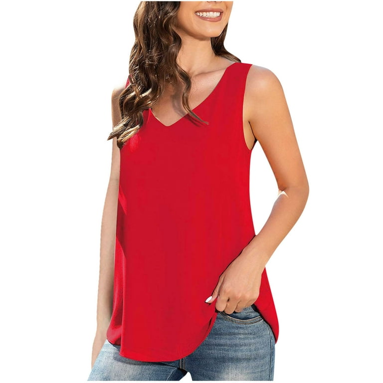 RQYYD Reduced Chiffon Tank Tops for Women's Summer Sleeveless Business  Shirts Blouse Casual Lightweight Solid V Neck Loose Fit Flowy Tunic(Red,XL)  