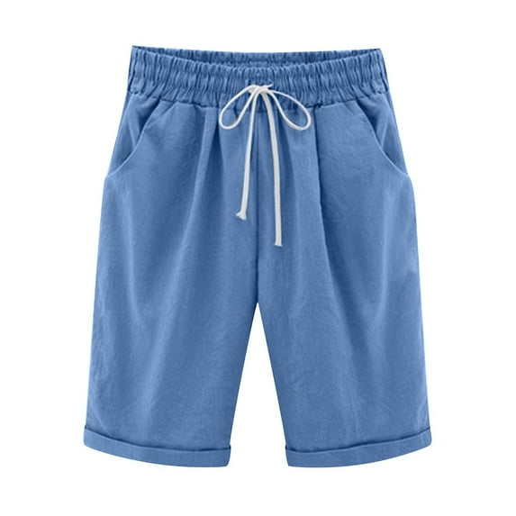 RQYYD Women's Knee Length Bermuda Shorts Elastic Waist Drawstring Casual 10" Long Shorts Loose Fit Summer Beach Shorts
