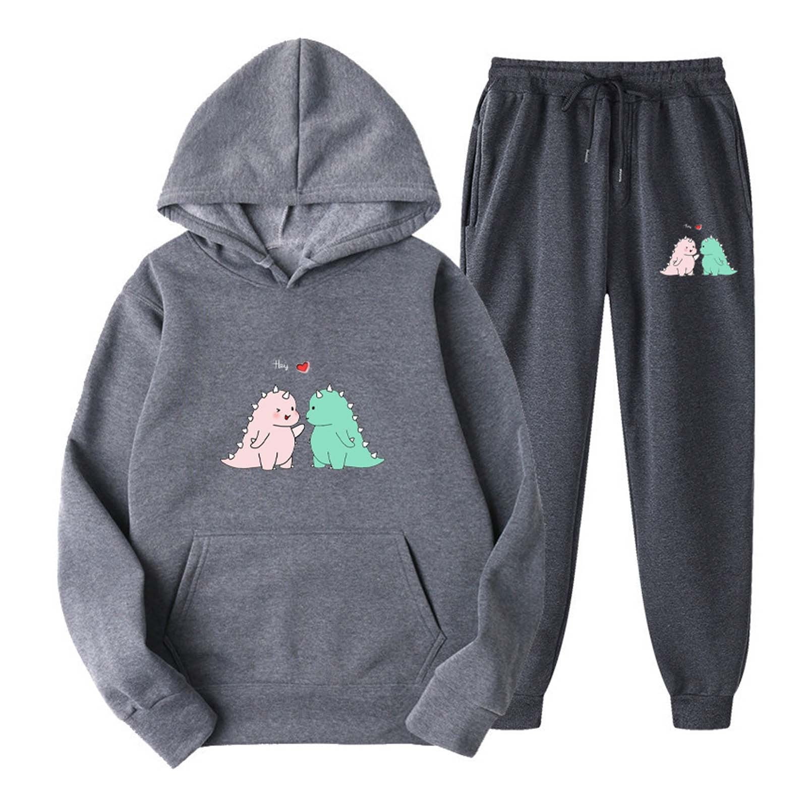 RQYYD Reduced Cute Dinosaur Graphic Hoodies and Sweatpants Set Men Women  Teen Girls Casual Sport Outfits Drawstring Jogger Tracksuits Top Dark Gray M