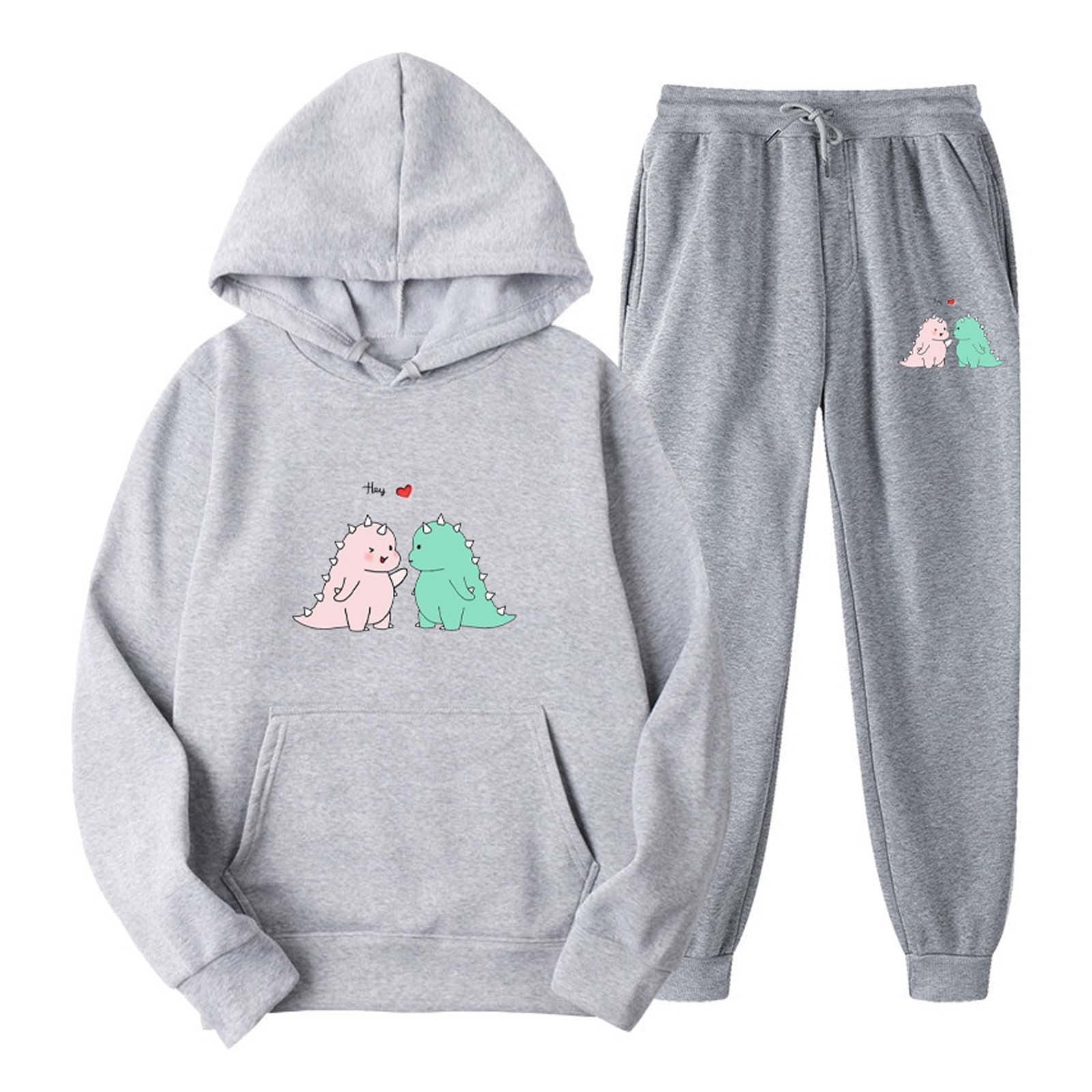 RQYYD Reduced Cute Dinosaur Graphic Hoodies and Sweatpants Set Men Women  Teen Girls Casual Sport Outfits Drawstring Jogger Tracksuits Top Gray 3XL 