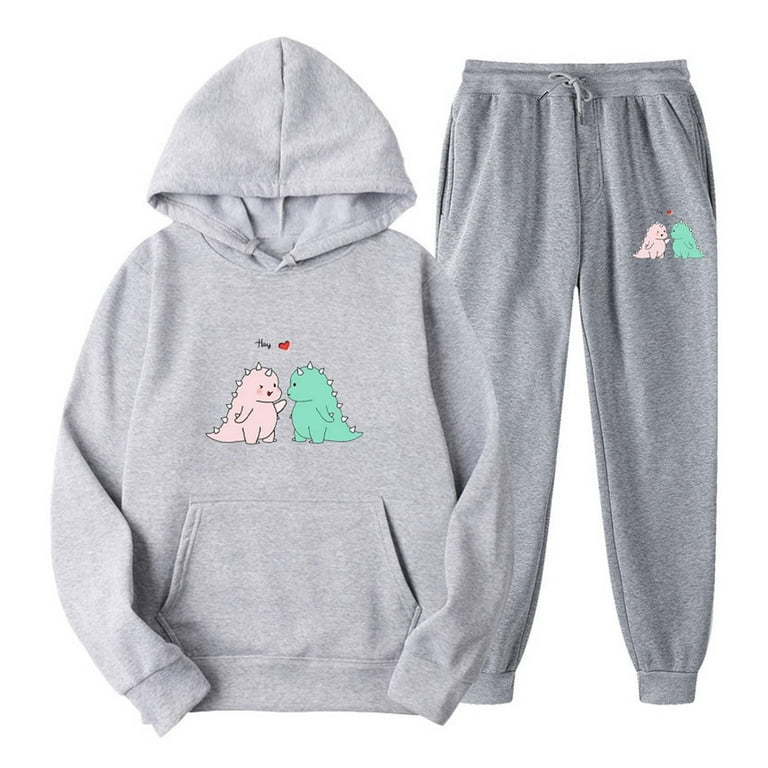 RQYYD Reduced Cute Dinosaur Graphic Hoodies and Sweatpants Set Men Women  Teen Girls Casual Sport Outfits Drawstring Jogger Tracksuits Top Gray 3XL