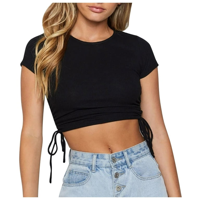 RQYYD Reduced Floral Printed Crop Tops for Women 2023 Basic Short Sleeve  Shirts Ruched Drawstring Side Crewneck Slim Fit Crop Top(Black,XL)