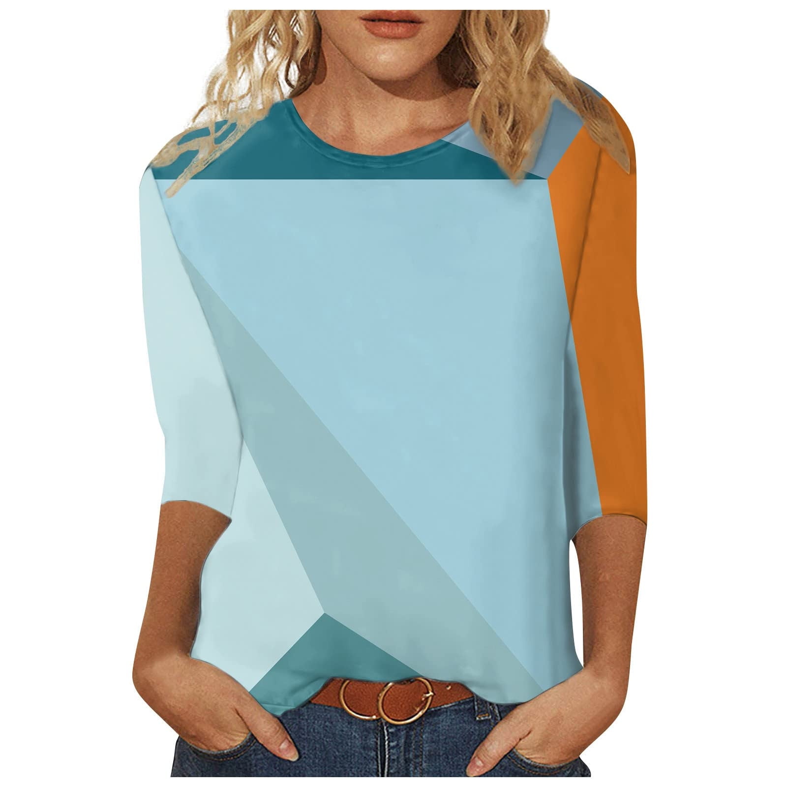 RQYYD Reduced Geometric Graphic Tops for Women 3/4 Sleeve Pullover
