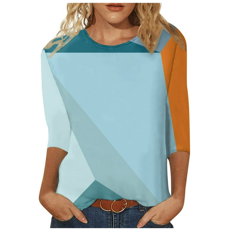 RQYYD Reduced Geometric Graphic Tops for Women 3/4 Sleeve Pullover Shirts  Dressy Casual Crewneck Color Block Blouses Trendy Loose Fit T