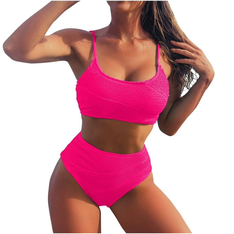 RQYYD Reduced High Waisted Tummy Control Ribbed Bikini Adjustable Spaghetti  Straps Crop Top Brazilian Swimsuit Set 2 Piece(Hot Pink,L)